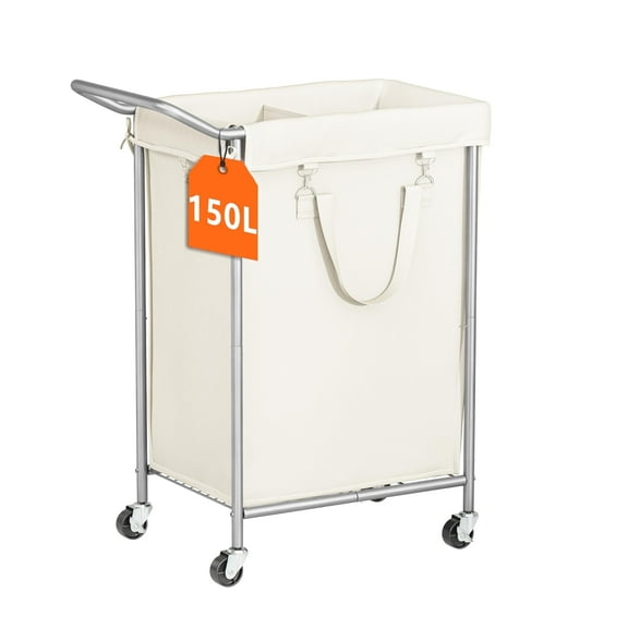 150L Laundry Trolley, Laundry Hamper with Wheels, Rolling Laundry Basket with Metal Frame and removable Bag