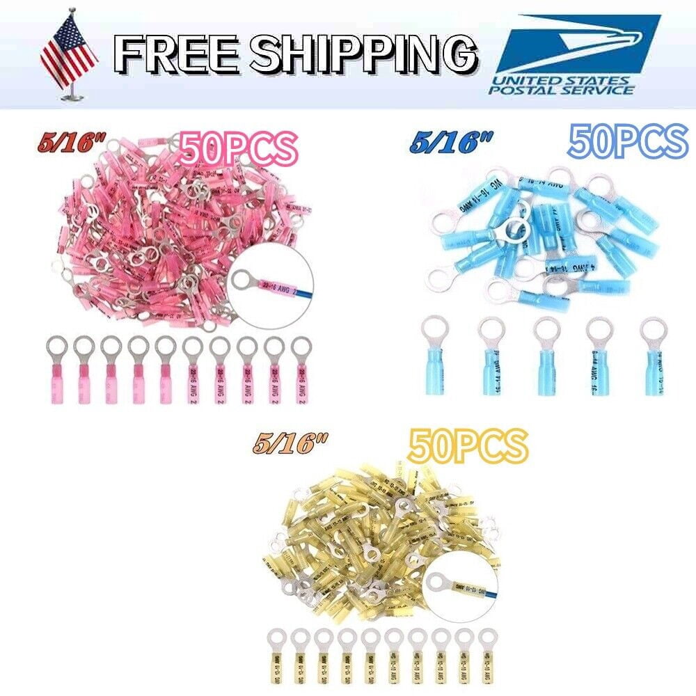 150PCS 5/16''Heat Shrink Electrical Wire Connectors 10-22AWG Ring Crimp Terminal