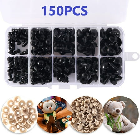 150PCS Black Plastic Safety Eyes with Washers 6mm 8mm 9mm 10mm 12mm Craft Doll Eyes for Amigurumis Crochet and Stuffed Animals Bears Making