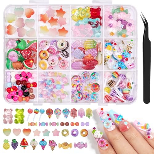 150PCS Candy Nail Charms for Acrylic Nails, Cute 3D Lollipop Donuts Fruit Nail Art Charms Star Heart Bear Gummy Jewelry Nail Supplies with Tweezers for DIY Crafts Accessories