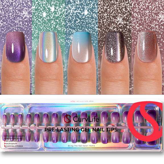 150PCS Cat Eye Press-On Nails Kit, CurvLife Soft Halo Press-On Nails with 5 Magical Galaxy Shades - 30PCS, Short Square, Easy Apply, Non-Toxic & Reusable
