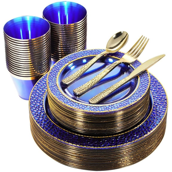 150PCS Clear Blue Plastic Plates - Gold Party Plates - Blue and Gold Dinnerware Set Include: 50 Disposable Plate, 25Cups, 25Forks, 25Knives, 25Spoons for Wedding & Party & Hanukkah