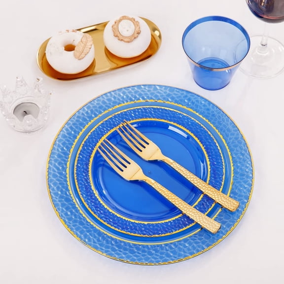 150PCS Clear Blue Plastic Plates - Gold Party Plates - Blue and Gold Dinnerware Set Include: 50 Disposable Plate, 25Cups, 25Forks, 25Knives, 25Spoons for Wedding & Party & Hanukkah