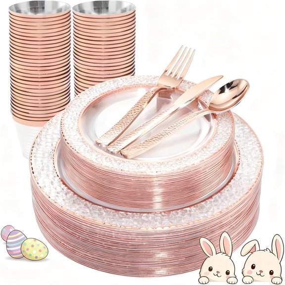 150PCS Clear Gold Plastic Plates - Disposable Gold Rim Plates include 25Dinner Plate, 25Dessert Plate, 25Forks, 25Knives, 25Spoons, 25Cups for Wedding & Party