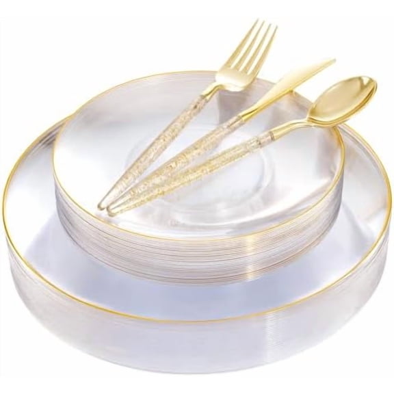150PCS Clear Gold Plastic Plates - Gold Plastic Silverware with Glitter Handle - Clear Disposable Plates Include 30 Guests Plates, Forks, Spoons, Knives for Wedding & Party&Chrismas