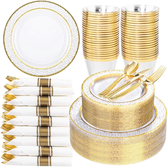 150PCS Clear Gold Plastic Plates Set Includes Dinner, Dessert Plates, Forks, Knives, Spoons, Cups Disposable Tableware for Wedding Party Celebration