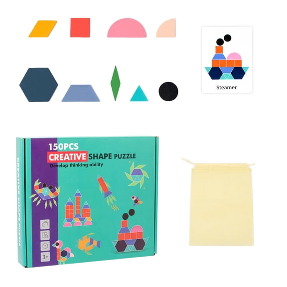 150PCS Creative Shape Puzzle Set with Storage Bag and Pattern Cards for Early Educational Geometric Construction and Logical Thinking Skills