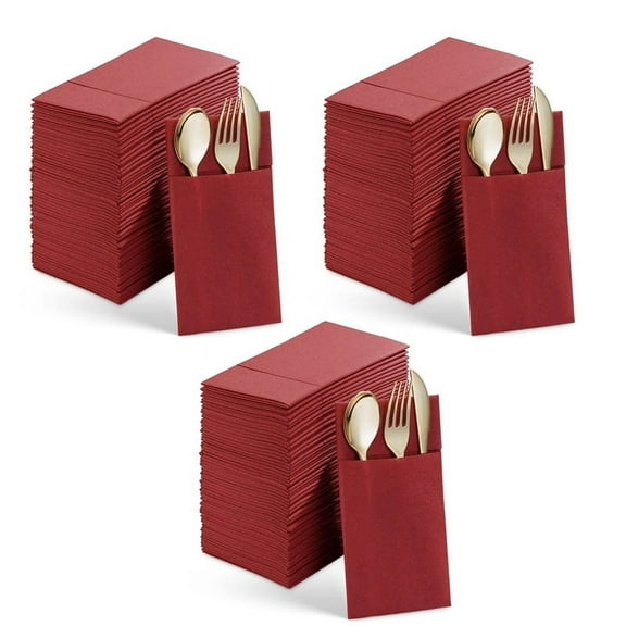 150PCS Disposable Dinner Napkins with Built-in Flatware Pocket,Prefolded Cloth Like Paper Napkins for Wedding Party Red