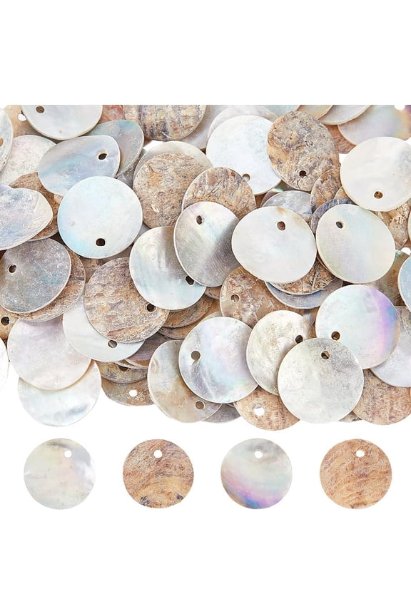 150PCS Flat Round Shell Beads 15mm Disc Coin Seashells Charms Coffee Natural Akoya Shell Dyed Disc Charms for DIY Craft Earring Bracelet Necklace Jewelry Making Coffee
