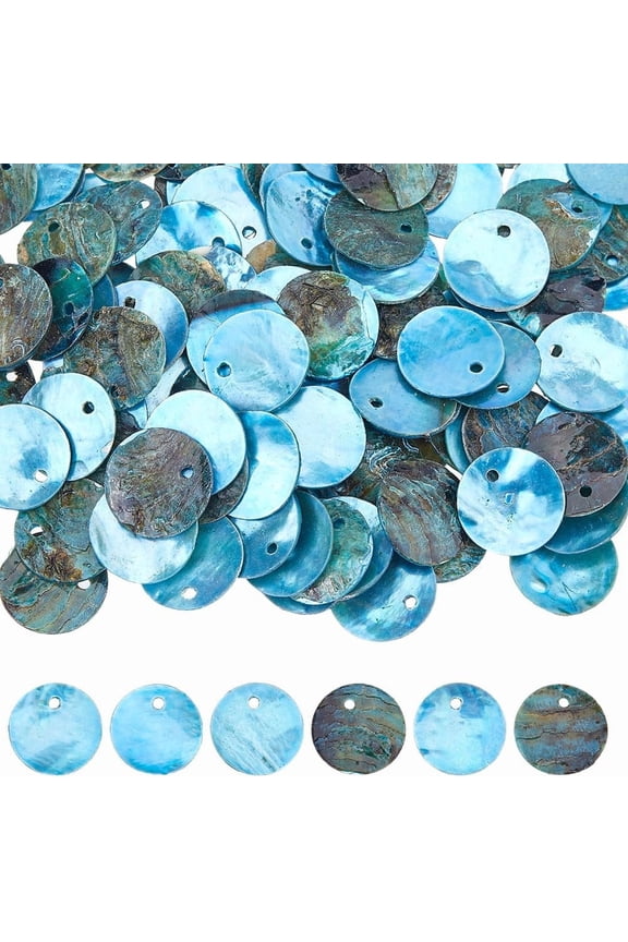 150PCS Flat Round Shell Beads 15mm Disc Coin Seashells Charms Dodger Blue Natural Akoya Shell Dyed Disc Charms