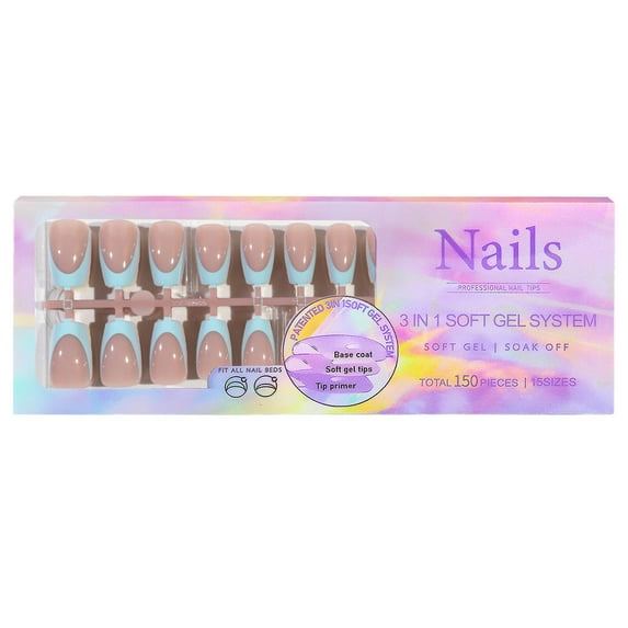 150PCS French Gel Nail Tips 5 Colors French Tips Press on Nails 15 Sizes Fake Nails for Nail Art DIY Pre-applied Tip Primer & Base Coat