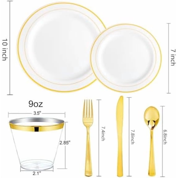 150PCS Gold Plastic Dinnerware Set Disposable - Heavy Duty Gold Plates Include 25 Dinner & 25 Dessert Plates,25 Forks,25 Knives,25 Spoons&25 Cups for Party&Wedding