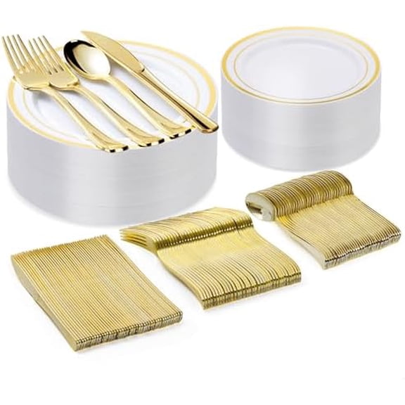 150PCS Gold Plastic Plate Set (25 Guests), Plastic Plates for Party Wedding Birthday, Disposable Dinnerware Set of 50 Plastic Plates, 50 Forks, 25 Spoons, 25 Knives