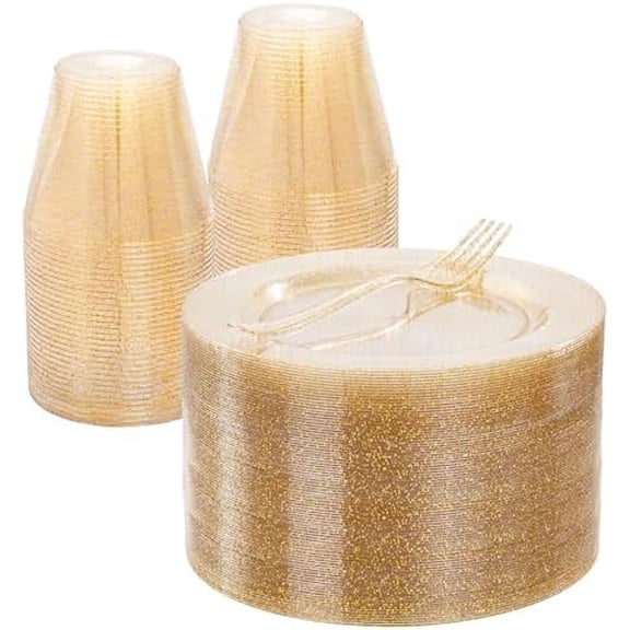 150PCS Gold Plastic Plates – Gold Glitter Disposable Dinnerware Set for 50 Guests (7.5" Dessert Plates), Includes 50 Plates, 50 Cups & 50 Forks for Wedding & Birthday Party Tableware