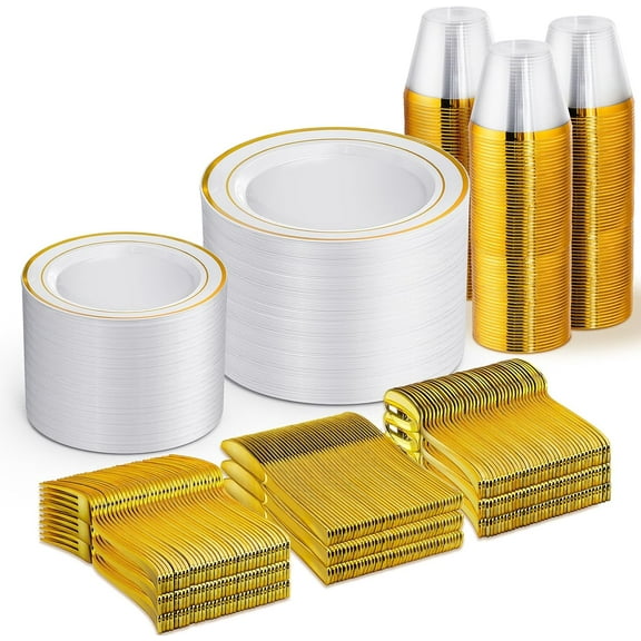 150PCS Gold Plastic Plates – Gold Glitter Disposable Dinnerware Set for 50 Guests (7.5" Dessert Plates), Includes 50 Plates, 50 Cups & 50 Forks for Wedding & Birthday Party Tableware