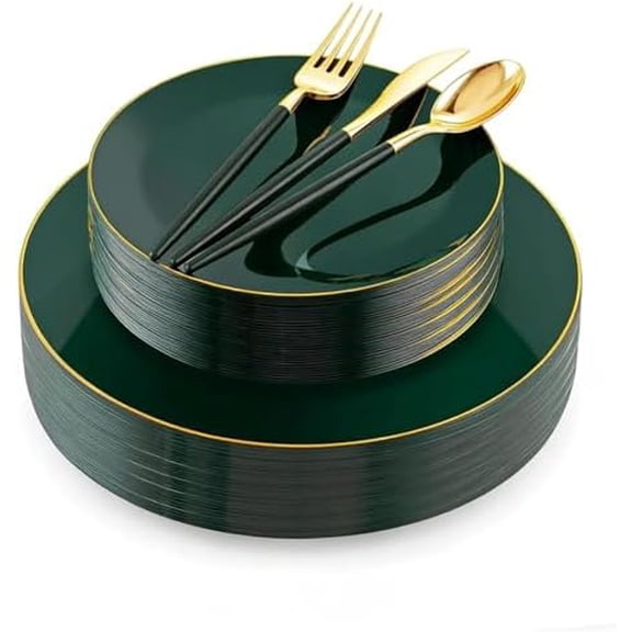 150PCS Green Plastic Plates - Gold Plastic Silverware with Green Handle - Heavy Duty Fancy Plastic Plates Disposable Include 30 Guests Plates, Forks, Spoons, Knives for St. Patrick's Day