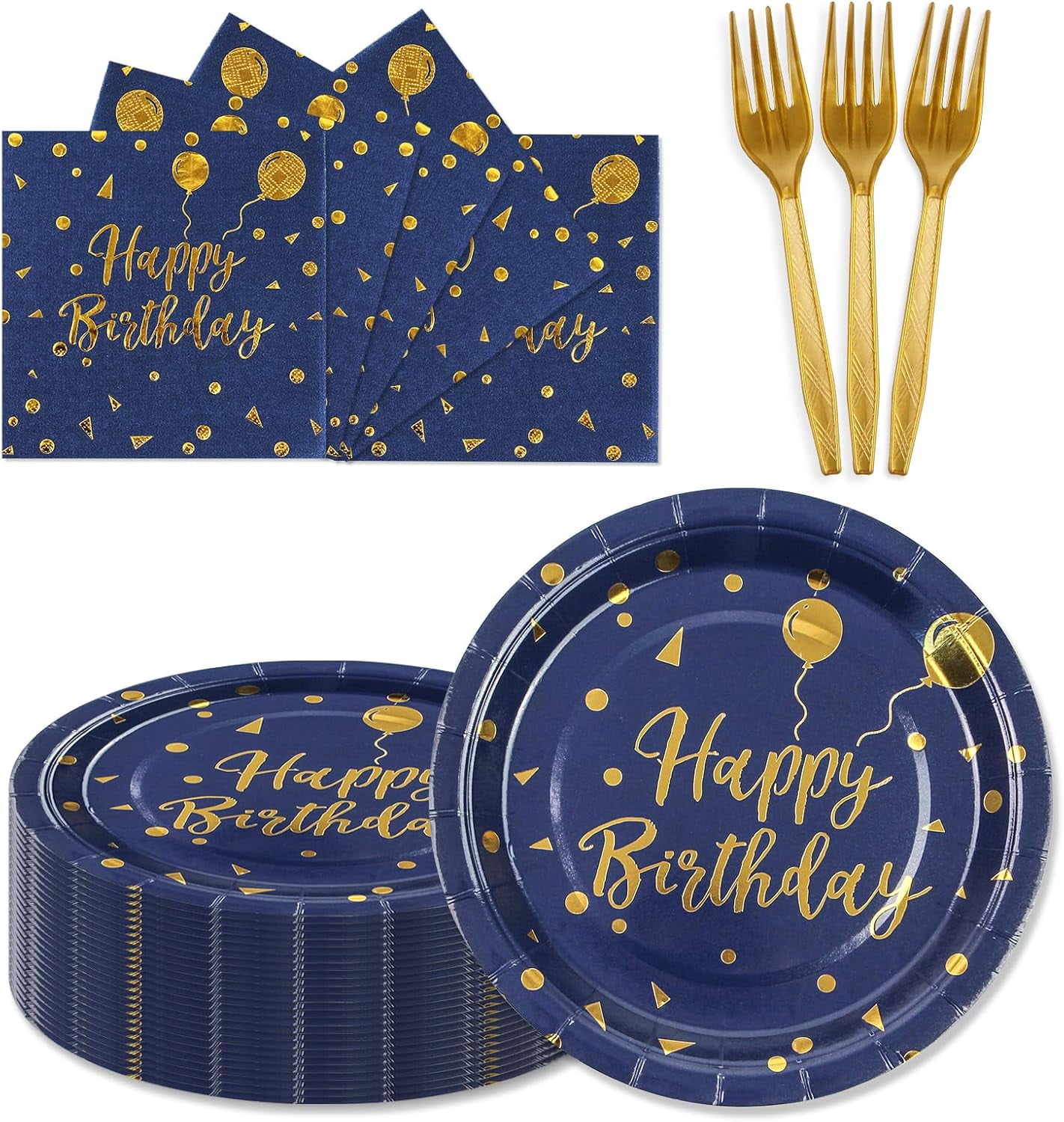 150PCS Happy Birthday Paper Plates and Napkins - 7 Inch Deep Blue Gold Dot Paper Plates and 6.5 Inch Napkins with 6.3 Inch Gold Forks Disposable Tableware Set for Birthday Party Decorations, Serves50