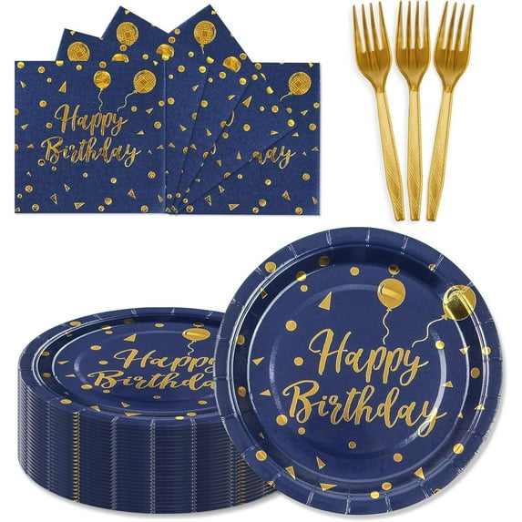 150PCS Happy Birthday Paper Plates and Napkins - 7 Inch Deep Blue Gold Dot Paper Plates and 6.5 Inch Napkins with 6.3 Inch Gold Forks Disposable Tableware Set for Birthday Party Decorations, Serves50