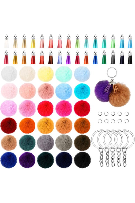 150PCS Keychain Making Kit Pom Pom Keychain Tassel Keychain DIY Craft Supplies with Key Rings Chains Connectors Jewelry Making Accessories for Keychains Bag Charms Earrings Craft Gifts
