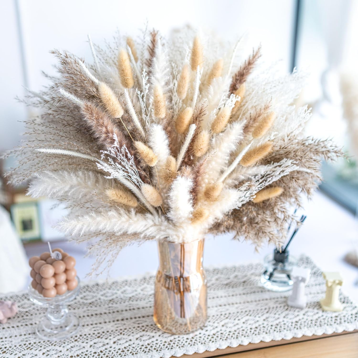 150PCS Natural Pampas Grass 8-Kind Mixed Bouquet | Dried Pampas Bouquet for Wedding, Boho Flowers, Home Table & Desk Decor, Rustic Farmhouse Decor