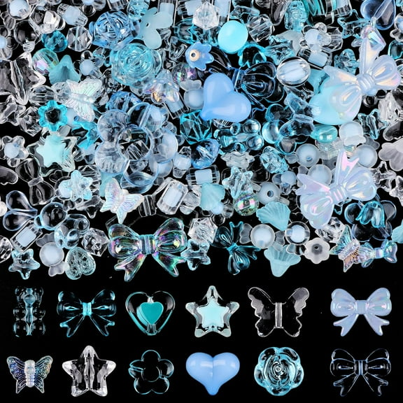 150PCS Pastel Acrylic Beads for Jewelry Making – Kalolary Kawaii Bow, Butterfly, Flower, Heart, & Macaron Beads for DIY Bracelets, Necklaces, and Crafts (Blue)