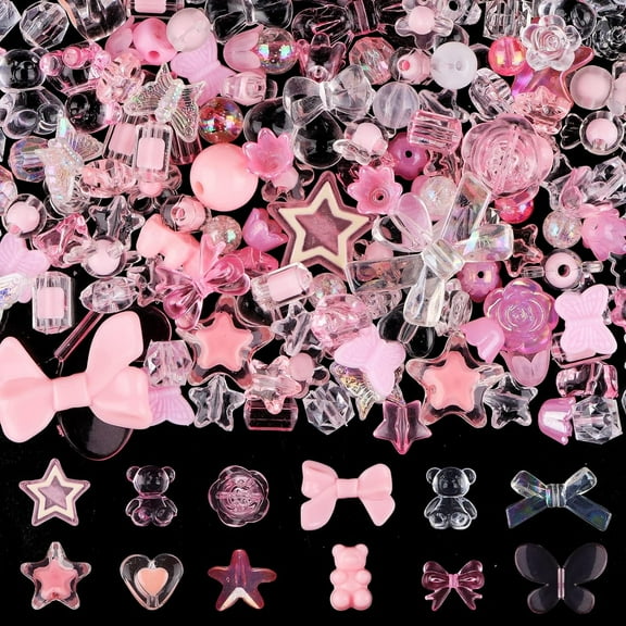 150PCS Pastel Acrylic Beads for Jewelry Making – Kalolary Kawaii Bow, Butterfly, Flower, Heart, & Macaron Beads for DIY Bracelets, Necklaces, and Crafts (Pink)