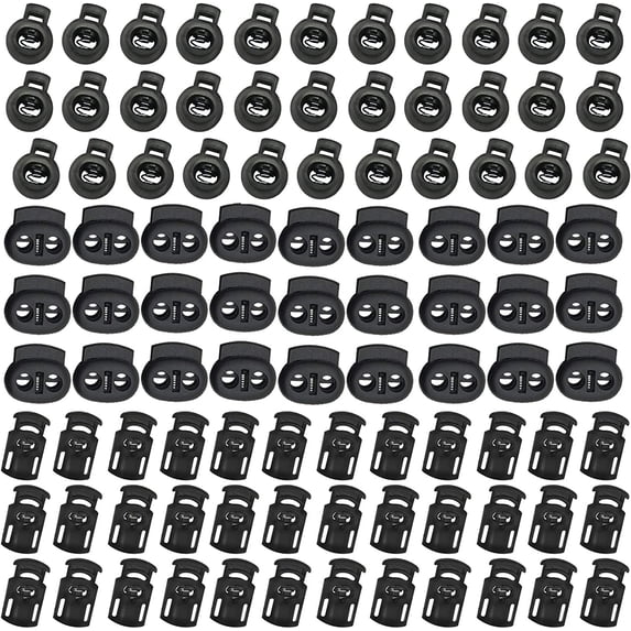 150PCS Professional DIY Plastic Spring Fastener Cord Lock Toggle Stopper Buttons Fastener Slider (2-Hole Ellipse x50,1-Hole Cylinder x50, 1-Hole Ball x50)
