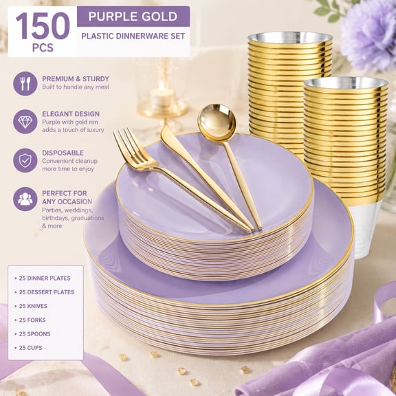 150PCS Purple Plastic Disposable Plates Set - Light Purple & Gold Party Tableware, Includes 25 Dinner Plates, 25 Dessert Plates, 25 Knives, 25 Forks, 25 Spoons & 25 Cups for Birthday,