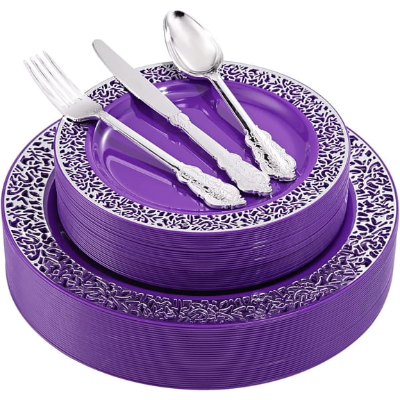 150PCS Purple Silver Plastic Plates with Silver Silverware, Silver Party Supplies for 30 Guests Include 30 10.25" and 30 7.5" Plates, 30 Forks, 30 Knives, 30 Spoons