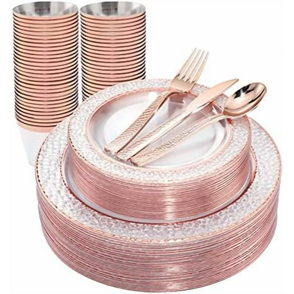150PCS Rose Gold Plastic Plates – Disposable Plates with Rose Gold Plastic Silverware include 50Plates, 25Forks, 25Knives, 25Spoons, 25Cups for Wedding & Party