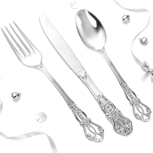 150PCS Silver Plastic Silverware - Heavy Duty Silver Disposable Cutlery - Fancy Plastic Utensils Flatware Include 50 Forks, 50 Spoons, 50 Knives for Catering, Parties, Dinners, Weddings