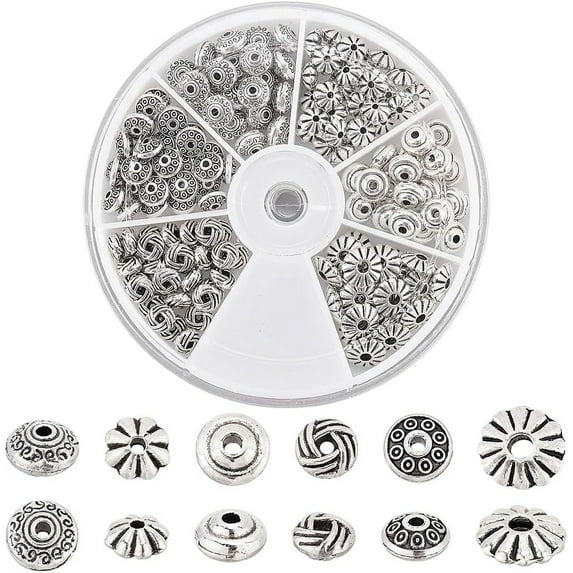150PCS Silver Spacer Beads 6 Style Tibetan Alloy Metal Charms Beads Round Metal Loose Spacer Beads for DIY Jewelry Craft Making Necklace Bracelet Supplies Hole: 1~1.8mm