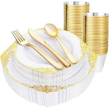 150PCS White and Gold Plastic Plates & Gold Plastic Silverware&Disposable Dinnerware Set - Include 25Dinner Plates,25Dessert Plates,25Forks,25Spoons,25Knives,25Cups for Party & Wedding