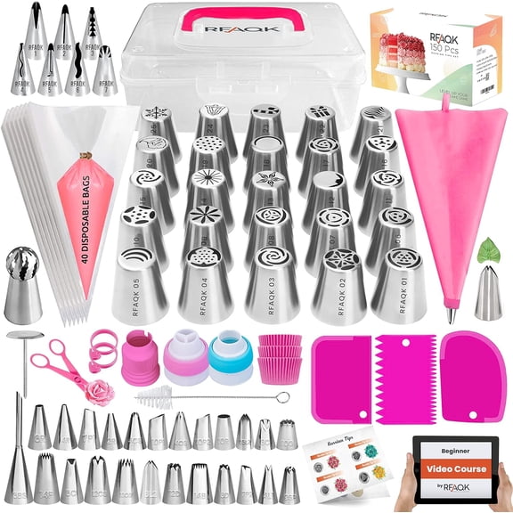 150PCs Russian Piping Tips Complete Set - Cookie,Cupcake Decorating Supplies Kit -Cake Piping Tips Set(24 Icing Tips+25 Russian+7 Ruffle+Leaf&Ball+41 Pastry Bags+EBook)