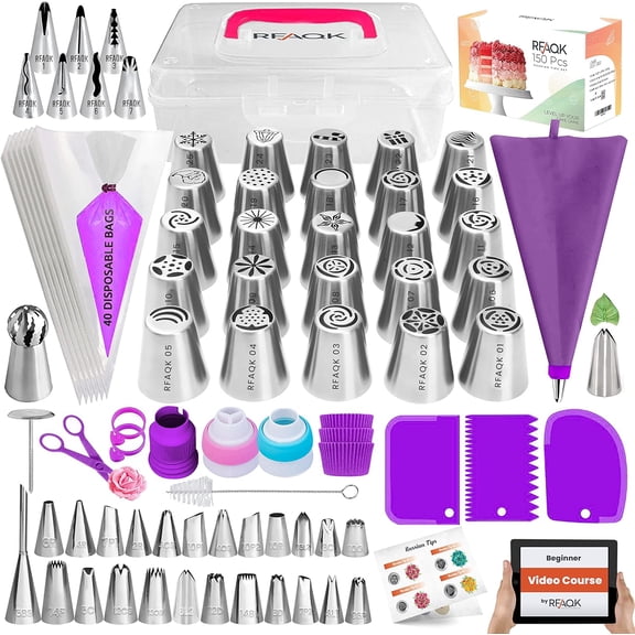 150PCs Russian Piping Tips Complete Set - Cookie,Cupcake Decorating Supplies Kit -Cake Piping Tips Set(24 Icing Tips+25 Russian+7 Ruffle+Leaf&Ball+41 Pastry Bags+EBook)