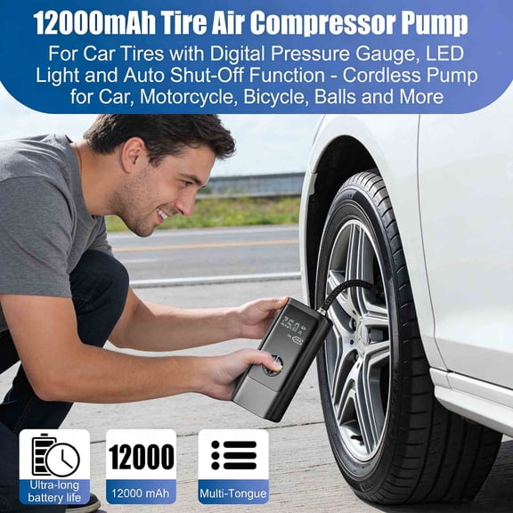 12000mAh Tire Air Compressor Pump For Car Tires with Digital Pressure Gauge, LED Light and Auto Shut-Off Function - Cordless Pump for Car, Motorcycle, Bicycle, Balls and More
