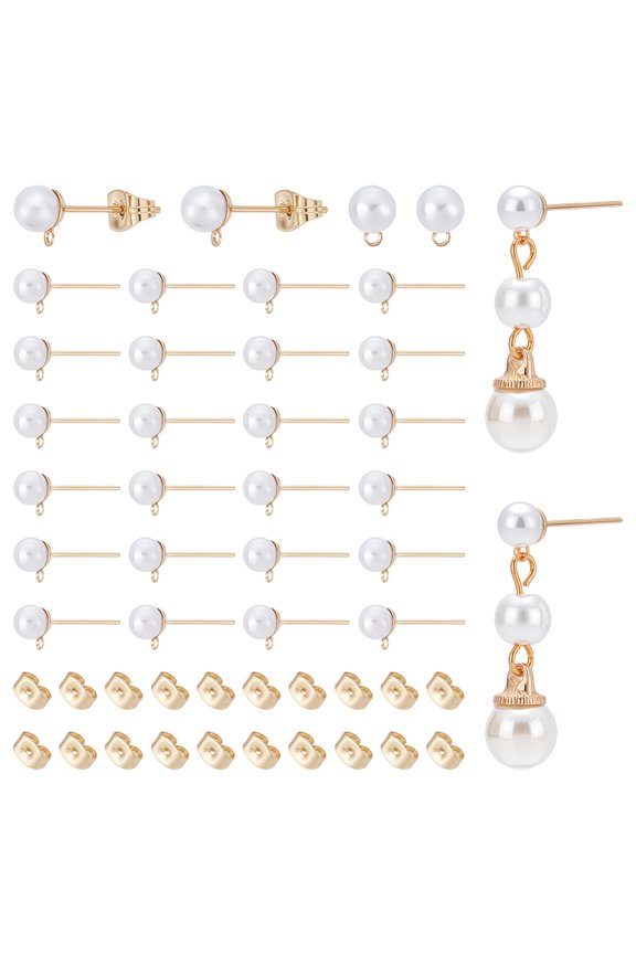 150Pc Iron Stud Earring Findings with Acrylic Imitation Pearl Beads and Loop 150Pc Ear Nuts Light Gold 17x6.5mm Hole 0.8mm Pin 0.8mm