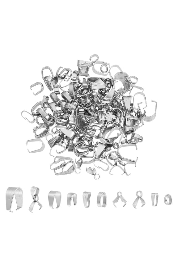 150Pcs 10 Styles Pinch Bails Stainless Steel Snap on Bails Pendant Bail Connector Metal Pinch Ice Pick Pinch Bails Dangle Charm