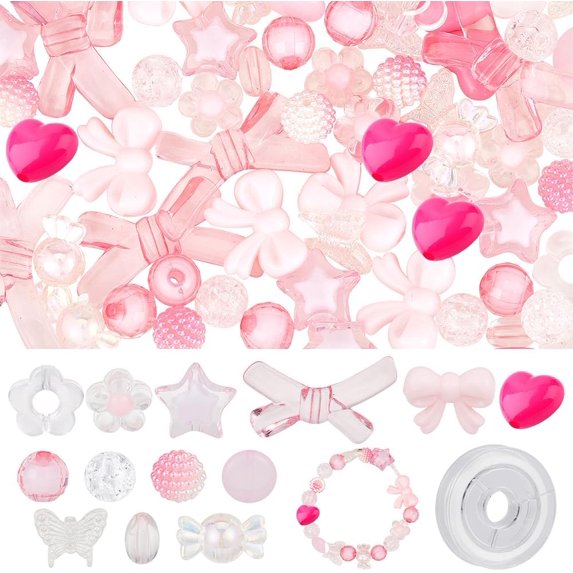 150Pcs 13 Style Acrylic Assorted Pastel Beads Transparent Flower Beads Candy Faceted Star Heart Butterfly Bead Round Beads 150Pcs Pink Themed Assorted Beads(DIY-SC0020-60D-7SC)