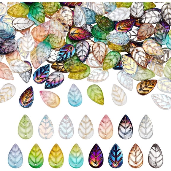 150Pcs 15 Colors Glass Leaf Beads Colorful Transparent Loose Spacer Czech Leaf Shape Beads Charms DIY Necklace Earrings Charms Bulk Jewelry Findings for DIY Jewelry Crafts Pink