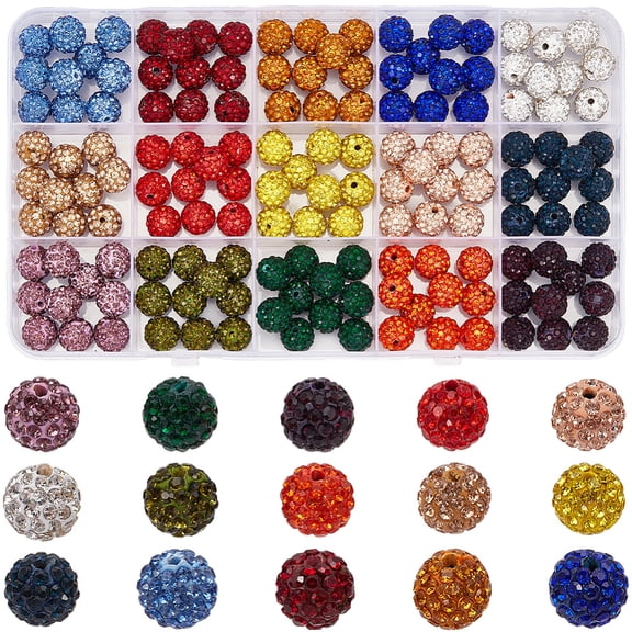 150Pcs 15 Colors Pave Disco Ball Beads Polymer Clay Rhinestone Beads Grade A Round Mixed Color Rhinestone: PP13(1.9~2mm) 6 Rows Rhinestone 10mm