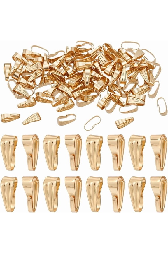 150Pcs 18K Gold Plated Snap on Bails 304 Stainless Steel Pinch Clip Clasp Bail 8.5x3.5mm Pendant Clasps Connectors Bails for Necklace Earring Bracelet Jewelry Making DIY Crafts