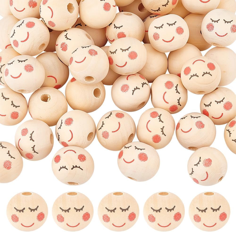 150Pcs 20mm Face Wood Beads Round Wooden Beads Painted Head Bead Face Beads Natural Round Spacer Bead with 0.2 Inch Hole