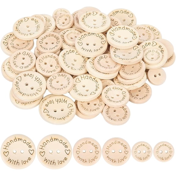 150Pcs 3 Size Beige Natural Wood Buttons Assorted Sizes 2 Hole Flat Round Shape Handmade with Love Wooden Sewing Button Bulk for Sewing Making Crafts Clothes Knitting Crochet Scrapbook DIY Beige