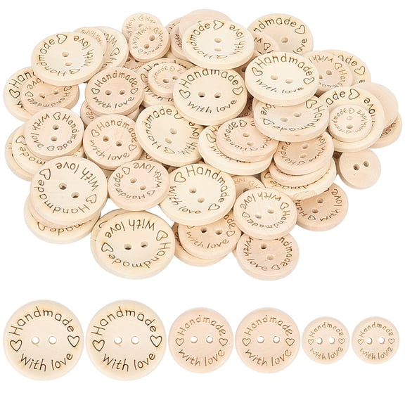 150Pcs 3 Size Beige Natural Wood Buttons Assorted Sizes 2 Hole Flat Round Shape Handmade with Love Wooden Sewing Button Bulk for Sewing