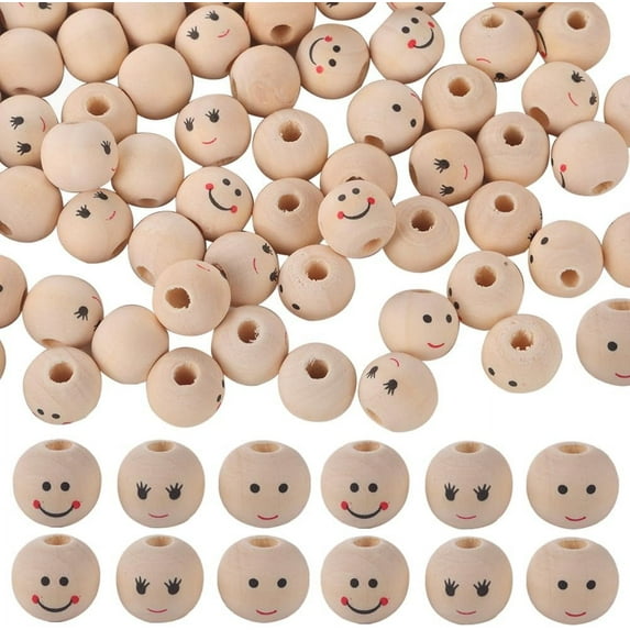150Pcs 3 Styles Smile Wooden Beads 12mm Smile Face Wood Spacer Beads Natural Round Ball Doll Head Beads with 2.9mm Hole Wooden Loose Beads