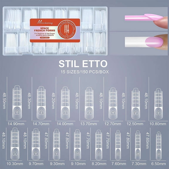 150Pcs 3D Nail Dual Forms Set 15 Sizes Clear Reusable Nail Extension Molds for Acrylic Gel French Manicure DIY Salon Art Tools