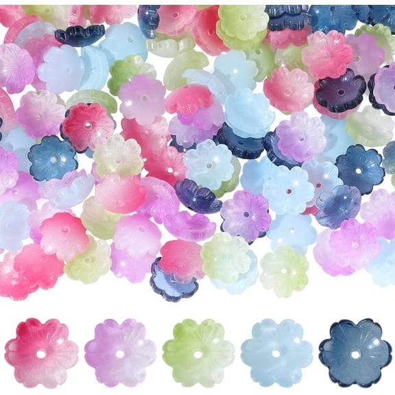 150Pcs 5 Colors Transparent Spray Paint Glass Bead Caps Flower Mixed Color 14x14x5mm Hole: 1.5mm 30pcs/color Colorful