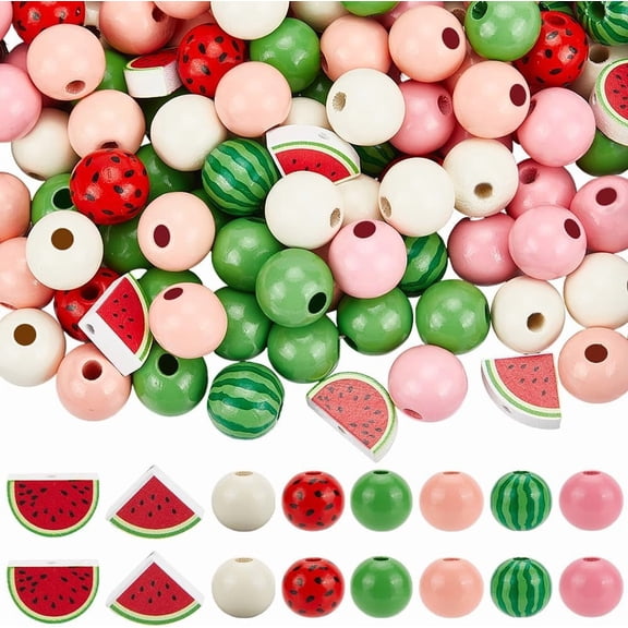 150Pcs 8 Styles Watermelon Wood Beads Wooden Fruit Beads Bulk Round Loose Bulk Colorful Assorted Shape Summer Home Decor Colorful