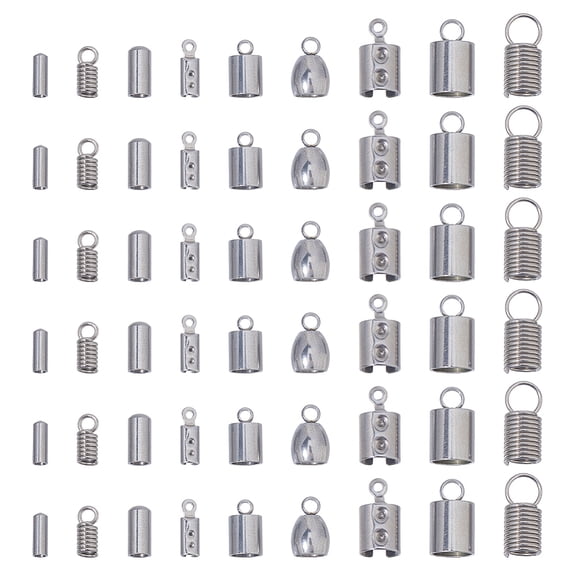 150Pcs 9 Styles Fold Over Cord Ends 304 Stainless Steel Terminators Crimp Cap Clasp Tips Glue-in Leather Cord Barrel End Tip with Loop Ring DIY